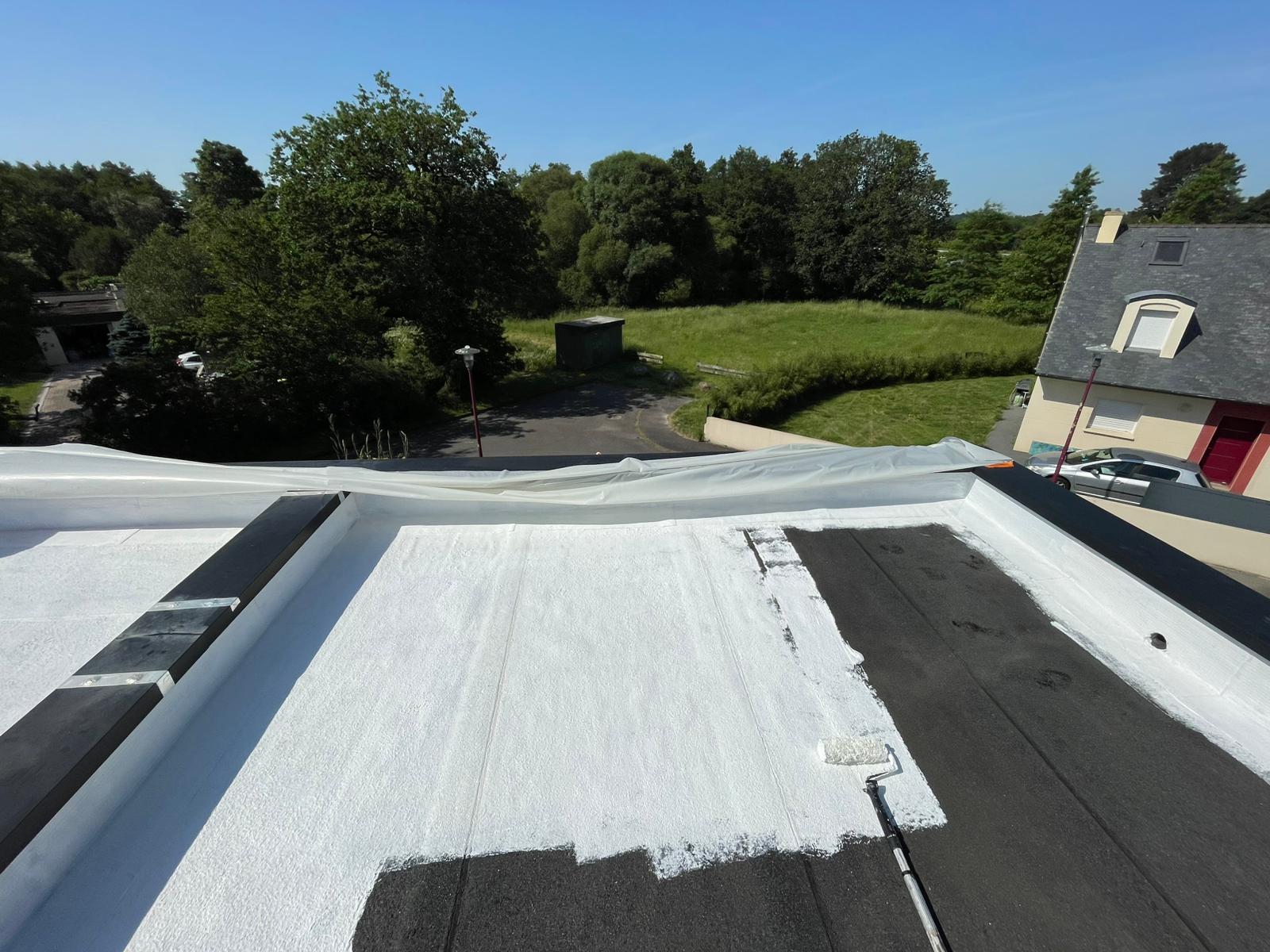 Chantier BRH en Bretagne : toiture-terrasse en cours de traitement, partie foncée (avant) et partie claire (après).